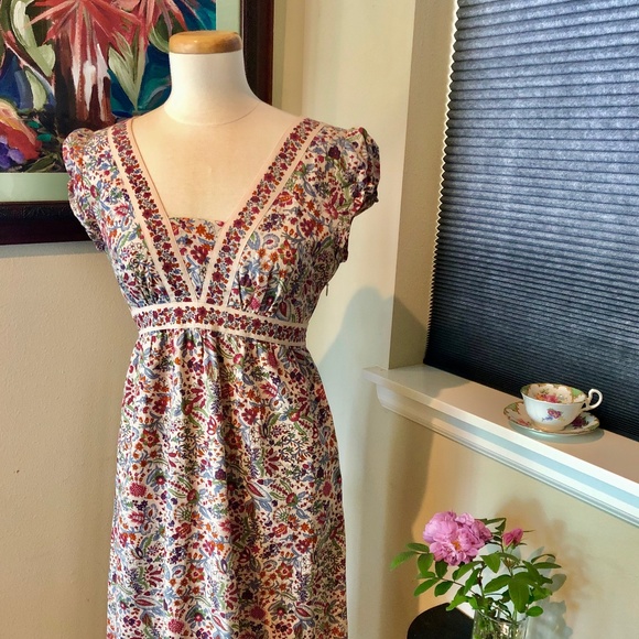 Empire Waist Jane Austen Regency Style Cotton Print Sundance Midi Dress Sz 6 - Picture 1 of 12
